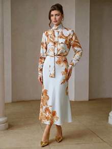 ZEYLAH Women's Printed Ribbon Tie Long Sleeve Blouse - Blue - View 3