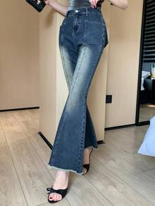 DAZY 女款對比色口袋高腰喇叭褲時尚牛仔褲 深藍色 夏季街頭風 朋克 90年代 Y2K 約會外穿 - 藍色 - 查看 5
