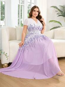 Reflora 大码女士优雅印花连衣裙，夏季婚礼宾客礼服 - 彩色 - 查看 5