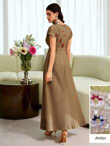 Al Najma Embroidered V-Neck Cinched Waist Short Sleeve Flared Elegant Dress For Women - Brown - View 6