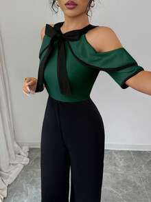 SHEIN Clasi 女士优雅撞色露肩短袖蝴蝶结领连体裤 - 墨綠色 - 查看 5