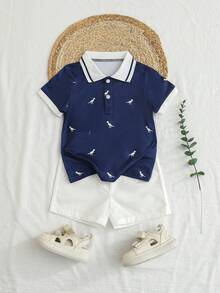 SHEIN 幼儿男童夏季休闲两件套：包含 1 件可爱的恐龙印花翻领 Polo 衫和 1 条白色弹力腰短裤，时尚舒适，适合 6 个月至 3 岁的男童，非常适合日常穿着、户外活动、海滩度假、旅行和返校！ - 彩色 - 查看 3