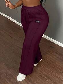 Slaydiva Casual Solid Color Drawstring Elastic Waist Straight Leg Pants - Purple - View 3