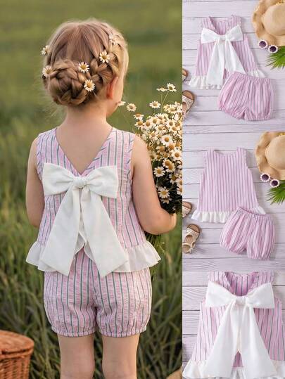 SHEIN Bộ áo tank top không tay cổ tròn kẻ sọc viền bèo nhún cho bé gái, thích hợp mặc mùa hè.