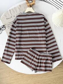 SHEIN 少女棕色条纹长袖T恤和短裤套装 - 棕色 - 查看 2