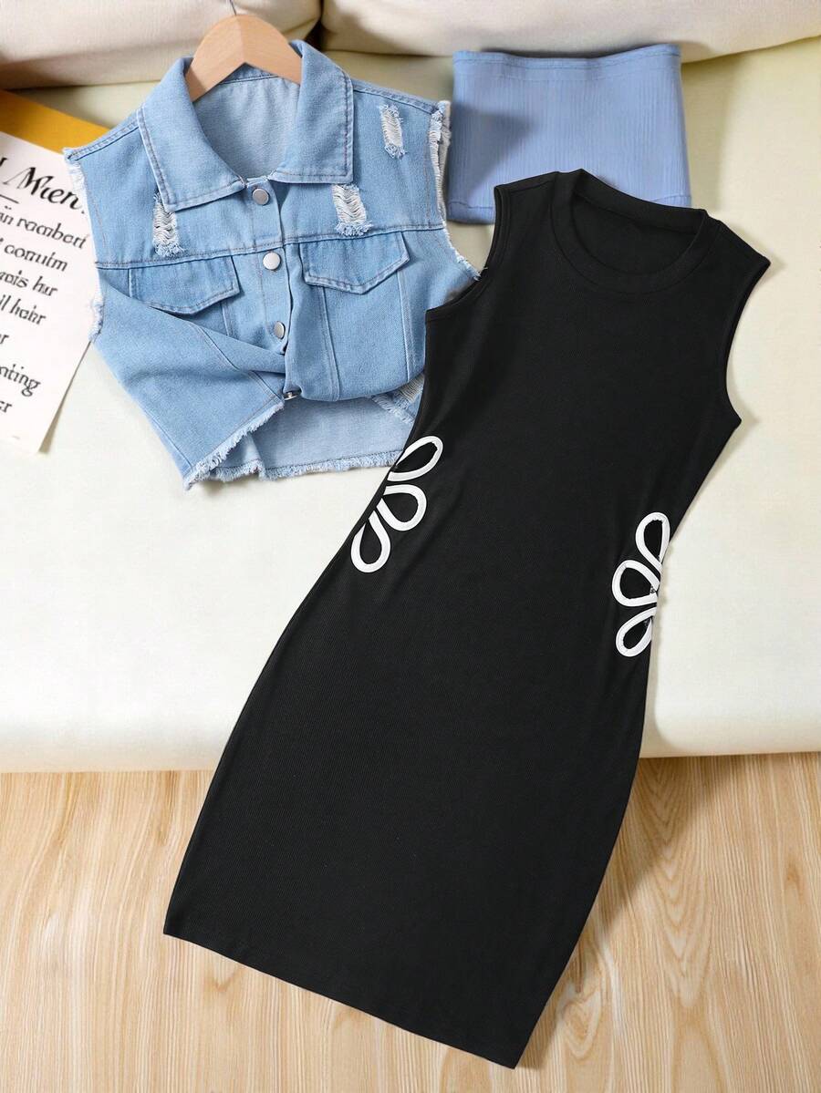 SHEIN Bộ đồ 2 món dành cho thiếu nữ: Áo hai dây dệt kim đen khoét lưng + Áo khoác denim rách, set đồ thường ngày đi làm; Áo croptop denim xanh thắt nút + Váy slip dệt kim đen, set đồ thường ngày đa năng. - màu đen - Xem 1