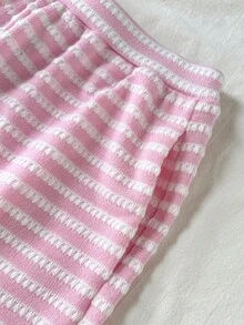 SHEIN 青少年女孩休閒日常百搭舒適寬鬆圓領短袖T恤與短褲套裝 - 粉色 - 查看 3