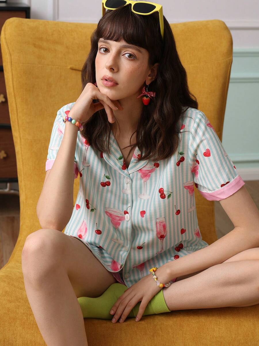 Chillnights Young Striped Cherry Fruit Pattern Cardigan Women Pajama Set - Multicolor - View 1
