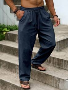 Palmeraft Celana Pria Ukuran Besar Warna Polos Katun dengan Tali Serut di Pinggang, Kasual Serbaguna untuk Pemakaian Sehari-hari, Liburan, dan Hari Raya - Navy Blue - View 4