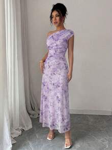 Modelyn 花卉蝴蝶印花网纱不对称荷叶边浪漫夏季优雅中长连衣裙 - 淡紫色 - 查看 4