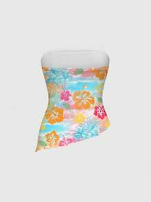 ROMWE Avant Top corto sexy con abertura alta en la primavera/verano con estampado de hibisco en rosa y azul - Amarillo - Ver 2