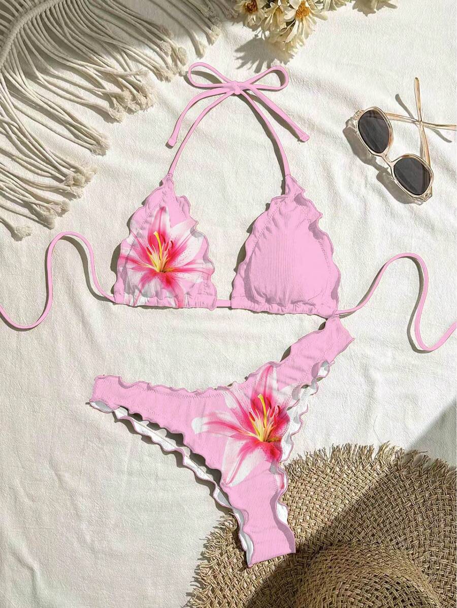 Swim Mod Conjunto de bikini sexy de unicolor con alta elasticidad y ribete de volantes para mujer para vacaciones - Multicolor - Ver 1
