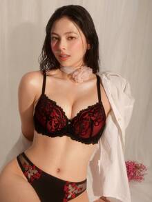 DelicateAllure 女士时尚撞色蕾丝钢圈文胸 - 彩色 - 查看 4