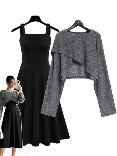 GlowEve CURVE Bộ 2 món thanh lịch cho nữ cỡ lớn Áo dài tay trơn viền bất đối xứng màu sắc và váy dây mảnh