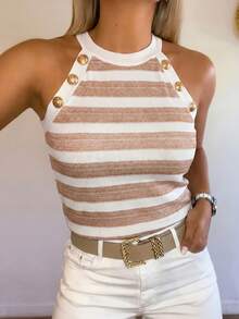 EMERY ROSE Women's Minimalist Button Decor Striped Halter Neck Tight Top, Summer - Brown - View 1