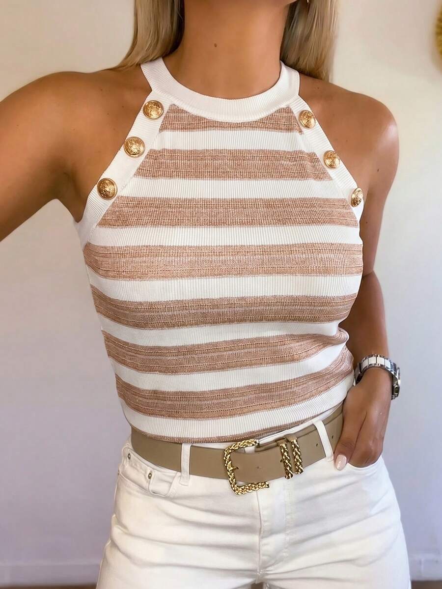 EMERY ROSE Women's Minimalist Button Decor Striped Halter Neck Tight Top, Summer - Brown - View 1