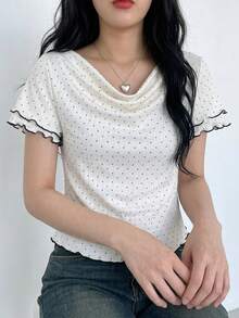 FRIFUL 女士不对称肩部蝴蝶结波点面料甜美春雨短袖T恤，夏季 - 白色 - 查看 2