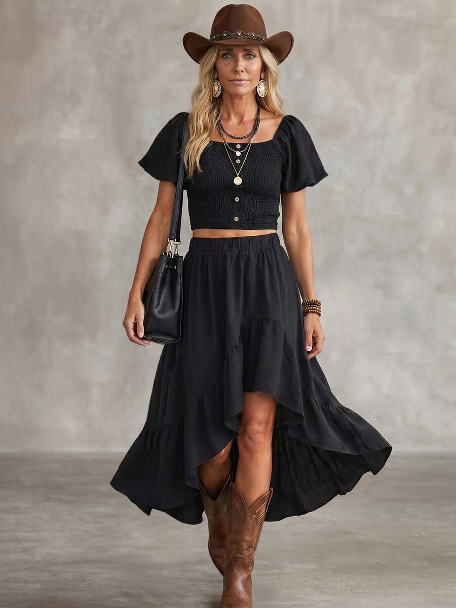 LanaWest Women Black Summer Boho Holiday Vacation Holiday Textured Linen Blend Square Neck Ruffle Sleeve Button Top & Asymmetric Ruffle Hem Skirt 2-Piece Set - Black - View 1