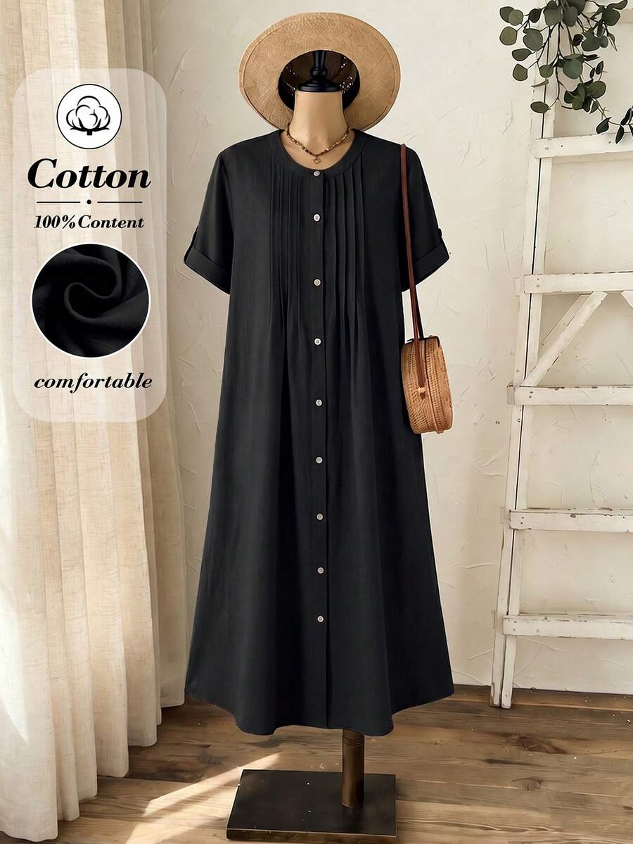 Rusticease Solid Color Round Neck Short Sleeve Front Button Loose Fit Mid-Length Dress For Women Travel Black Summer Casual Vacation - Black - View 1