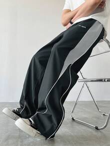 Manfinity EMRG Men's Casual Color Block Drawstring Straight Leg Pants, Loose Fit Long Black Patchwork Straight Leg Sweatpants For Outdoor - smoke gray - View 3