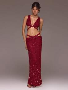 MUSERA Áo ren móc xoắn phía trước đính sequin, phong cách mùa xuân hè, kỳ nghỉ, Ibiza Roja De Sol - Màu Đỏ Sâu - Xem 5
