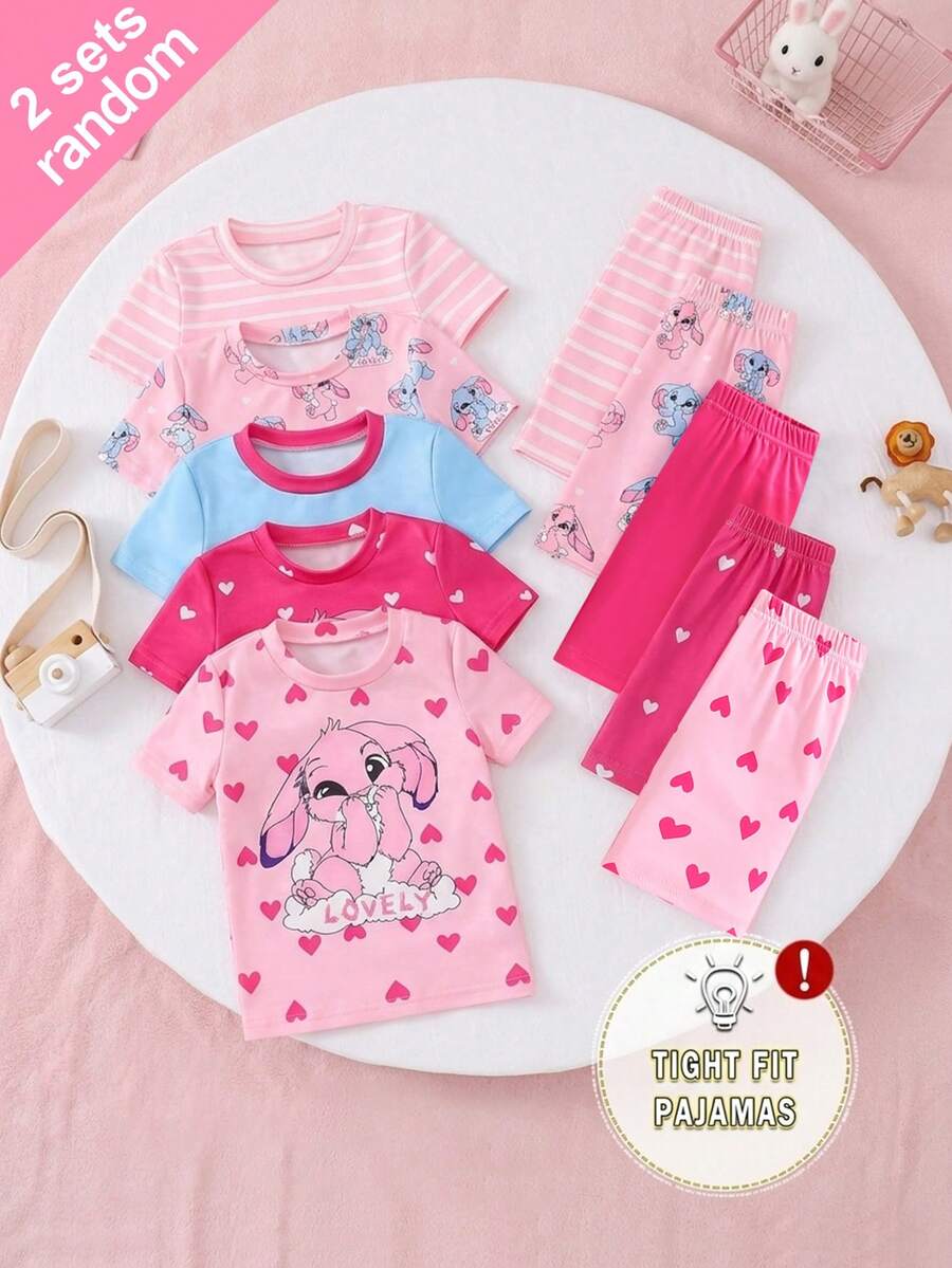 SHEIN 【2件套】女童兔子卡通印花短袖短裤针织贴身睡衣家居服,随机款式 - 彩色 - 查看 1