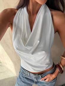 Aloruh Áo croptop trắng trơn hở lưng khoét cổ tròn gợi cảm dành cho nữ, thích hợp cho mùa hè. - trắng - Xem 3