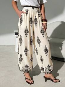 Lavishia Pantalones casuales y holgados con estampado total para vacaciones de mujer - Blanco y Negro - Ver 6