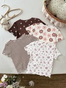 SHEIN 4 piezas Blusas de manga corta con estampado y dobladillo ondulado acanalado, lindas para niñas, verano - Multicolor - Ver 2