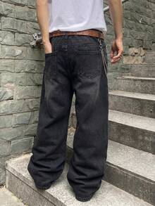 青少年男孩時尚休閒復古街頭黑色寬鬆牛仔褲，適合電音派對穿搭、音樂節街頭風 - 黑色 - 查看 2