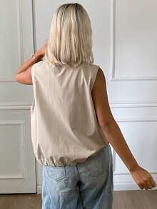 DAZY Women's Solid Color V-Neck Zipper Pocket Sleeveless Regular Jacket Everyday Beige Summer Casual - Khaki - View 2