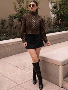 Andrea Bello 女款圓點圖案長袖拉鍊休閒夾克可愛套裝棕色圓點夾克短版夾克波點夾克度假款 - 棕色 - 查看 1