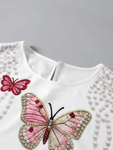 GlowEve CURVE Women's White Summer Elegant Plus Size Blouse,Colorful Butterfly Floral Print,Round Neck Short Sleeve Top For Bachelorette Party,Tea Party,Vacation - Multicolor - View 8