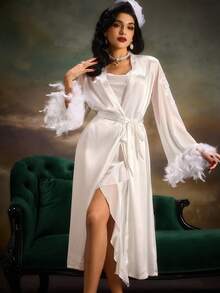 Furry Embroidered Mesh Color Denim Sleepwear Set, Asymmetrical Ruffled Hem Slit Color Denim Dress - White - View 5