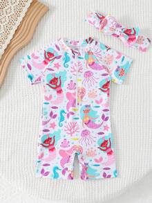 Bộ áo liền quần/quần short đi biển tay raglan in hình nàng tiên cá cho bé gái. - Nhiều màu - Xem 4