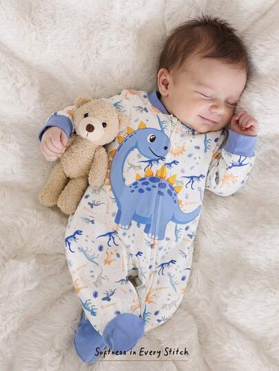 Cozy Pixies Recién nacido bebé niño/niña Mono de punto de cuello redondo de manga larga con estampado de dinosaurio de dibujos animados, suave, Pijamas de bebé con cremallera de fibra de bambú para bebé recién nacido unisex, Ropa de dormir acogedora de pixies para niños, Saco de dormir de bebé recién nacido con estampado de dinosaurio, de manga larga, con pies, mono de dormir lindo para bebés