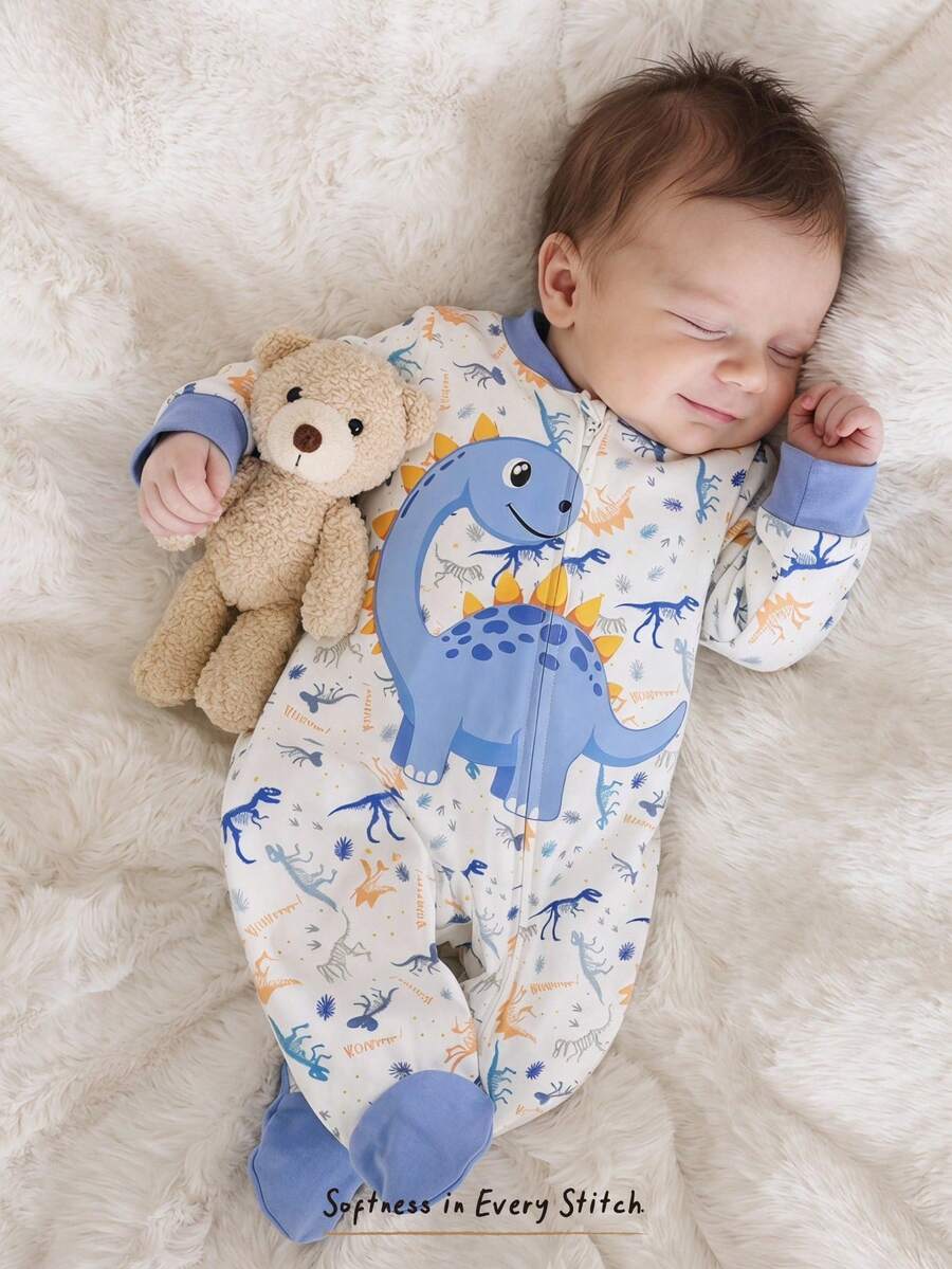 Cozy Pixies Bộ áo liền quần dài tay cổ tròn mềm mại họa tiết khủng long hoạt hình cho bé trai/bé gái sơ sinh, bộ ngủ có khóa kéo bằng sợi tre, quần áo ngủ có khóa kéo cho bé sơ sinh, quần áo trẻ sơ sinh unisex, bộ đồ ngủ ấm áp cho bé trai, túi ngủ in hình khủng long cho bé sơ sinh, bộ đồ ngủ liền thân dài tay mềm mại có chân cho trẻ sơ sinh, thiết kế dễ thương. - Màu xanh lam - Xem 1