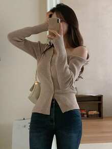 DAZY Women's Spring & Autumn Casual Solid Color Oblique Shoulder Cardigan,Long Sleeve Tops,Fall Women Clothes - Mocha Brown - View 5