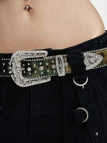 MortiRose Rhinestone Studded Western Style Cross Design Jeans Belt For Men & Women, Fashion Cowboy Diamond Belt Summer, School Fall, Autumn, Halloween - Green - View 7