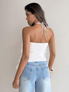 Aloruh Blusa elegante y romántica con cuello de lazo y volantes en capas para vacaciones/citas - Blanco - Ver 2