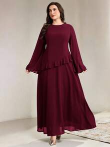Veilorie Gaun Pesta Kasual Warna Polos untuk Wanita Ukuran Besar Musim Gugur - Burgundy - View 8