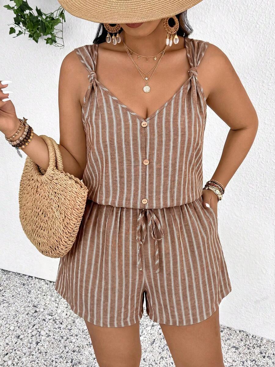 SHEIN Frenchy Plus Size Striped V-Neck Sleeveless Casual Loose Jumpsuit Casual Brown Striped Jumpsuit For Women Casual Vacation Going Out Jumpsuit For Women - Brown - View 1