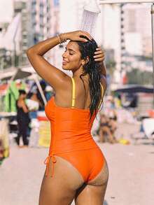 Slaydiva Plus Size 2pcs Fruit Print Halter Drawstring Tankini Top & Patchwork Triangle Bottoms Swimsuit Set,Women Yellow Summer Beach Vacation Holiday - Yellow - View 2