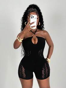 BamGleam Bộ jumpsuit nữ gợi cảm, khoét eo, xuyên thấu, ôm sát cơ thể, có áo quây. - màu đen - Xem 4