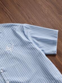ESTAVOR Men's Drop Shoulder Short Sleeve Front Button Striped Shirt, Summer - Blue - View 5
