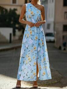 Balvessa Women's Fashion Asymmetric Neck Ruched A-Line Elegant Printed Pleated Split Dress, Suitable For Spring And Summer - Multicolor - View 3