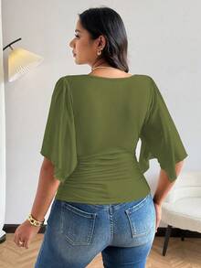 Vionelle Áo thun tay ngắn cổ chữ V chéo gợi cảm độc đáo, thiết kế tối giản với phần eo nhún bèo, thích hợp cho mùa hè. - xanh quân đội - Xem 2