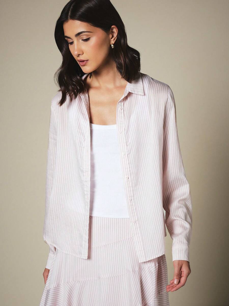 KSTM Striped Long Sleeve Button-Down Collared Shirt With Chest Pocket Relaxed Oversized Fit Spring Summer - Multicolor - View 1