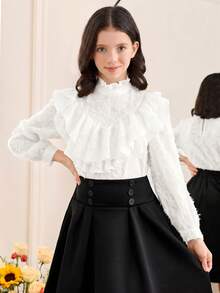 SHEIN Áo kiểu nữ tuổi teen màu trắng trơn, thanh lịch, tinh tế, phong cách cổ điển cung đình, cổ đứng, bèo nhún, chất liệu jacquard, tay loe, cài cúc, thích hợp mặc hàng ngày, đi học, quần áo nữ tuổi teen, áo babydoll, áo trắng, áo sơ mi trắng, áo tay dài. - trắng - Xem 6