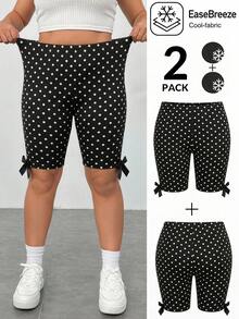 SHEIN EZwear Plus Size Casual Cute Kawaii Retro Polka Dot Print Bow Decor Bermuda Shorts Brunch Bussines Gym Office Teacher Black And White Summer - Multicolor - View 1